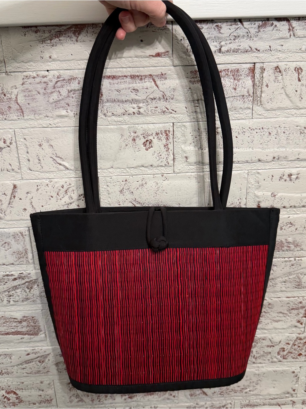 Vintage Baskets of Cambodia Black Red Woven Tote Bag Artisan Boho Shoulder Bag